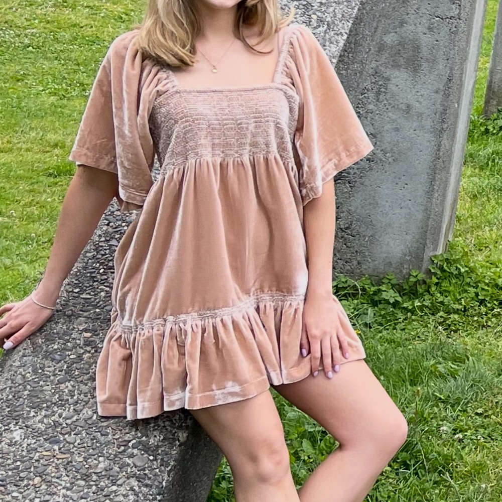 Free People Beige Velvet Smocked Dress - Picture 8 of 8
